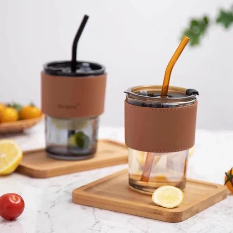 Glass Coffee Mug Tumbler with Leather Belt and Glass Straw