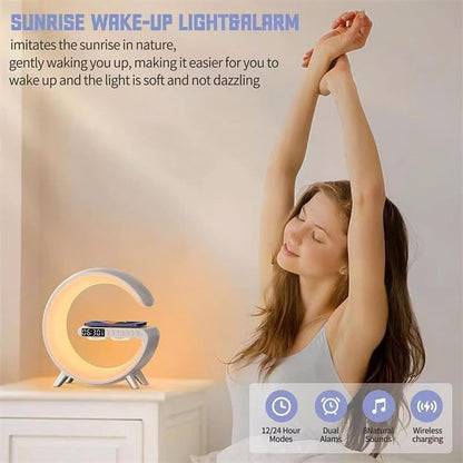 Wireless G Speaker with Wireless Charging | Desk Lamp Bedside Night Light, Smart Light, Sound Machine, and Stylish Bedroom Home Decor