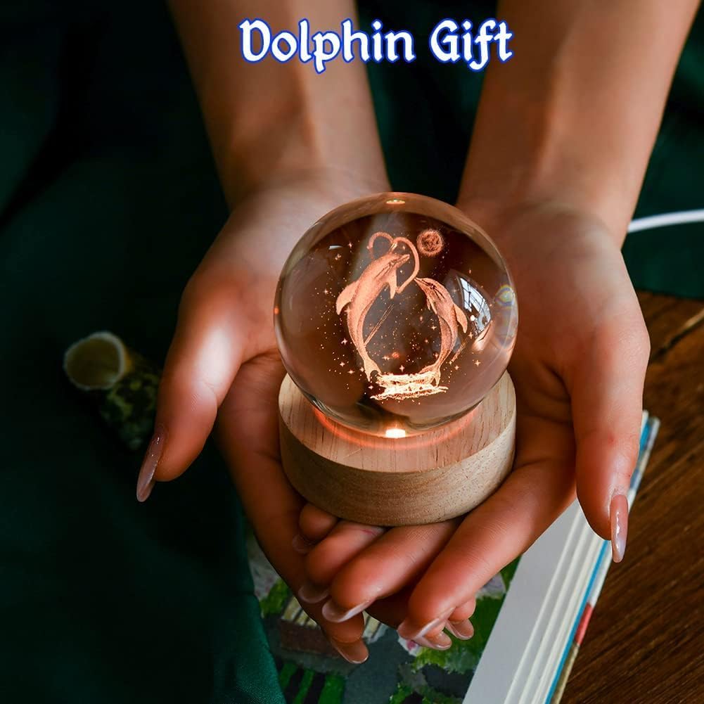 3D Galaxy Crystal Ball Night Light | Dimmable Engraved LED Glass Ball (Dolphin)