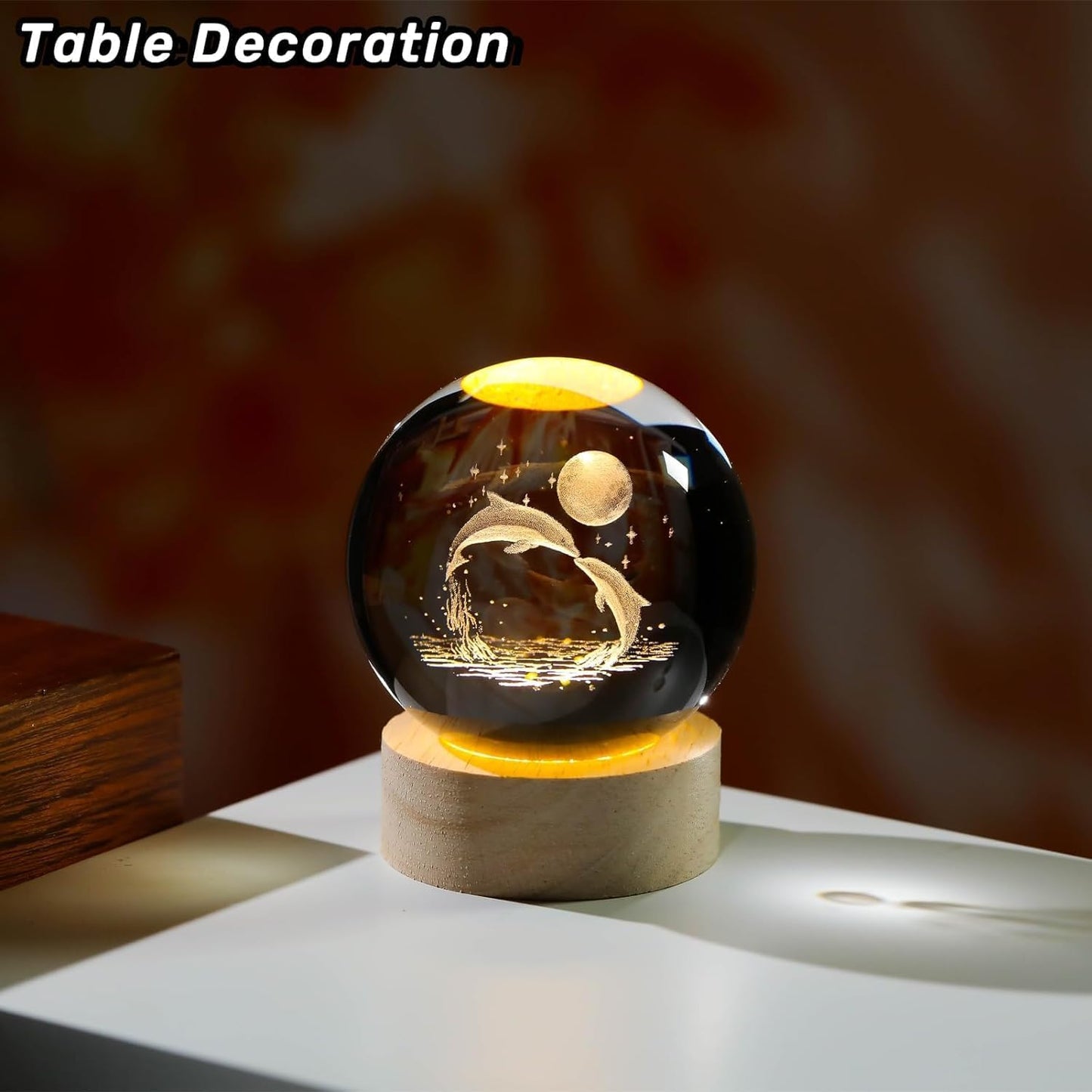 CPENSUS 3D Galaxy Crystal Ball Night Lamp,Solar System, USB Table Colorful LED (Dolphin with Moon)