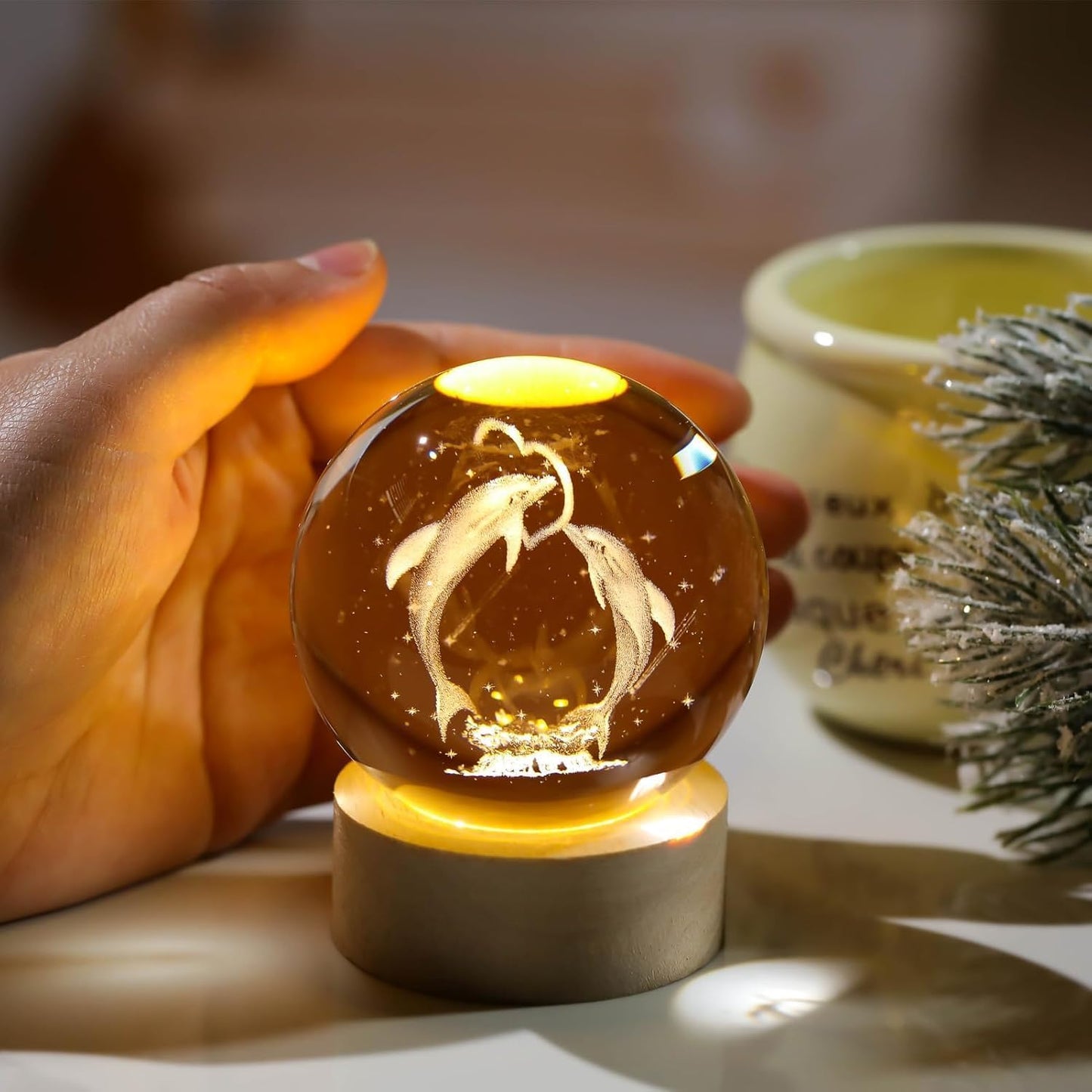 3D Galaxy Crystal Ball Night Light | Dimmable Engraved LED Glass Ball (Dolphin)