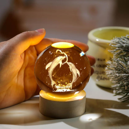 3D Galaxy Crystal Ball Night Light | Dimmable Engraved LED Glass Ball (Dolphin)