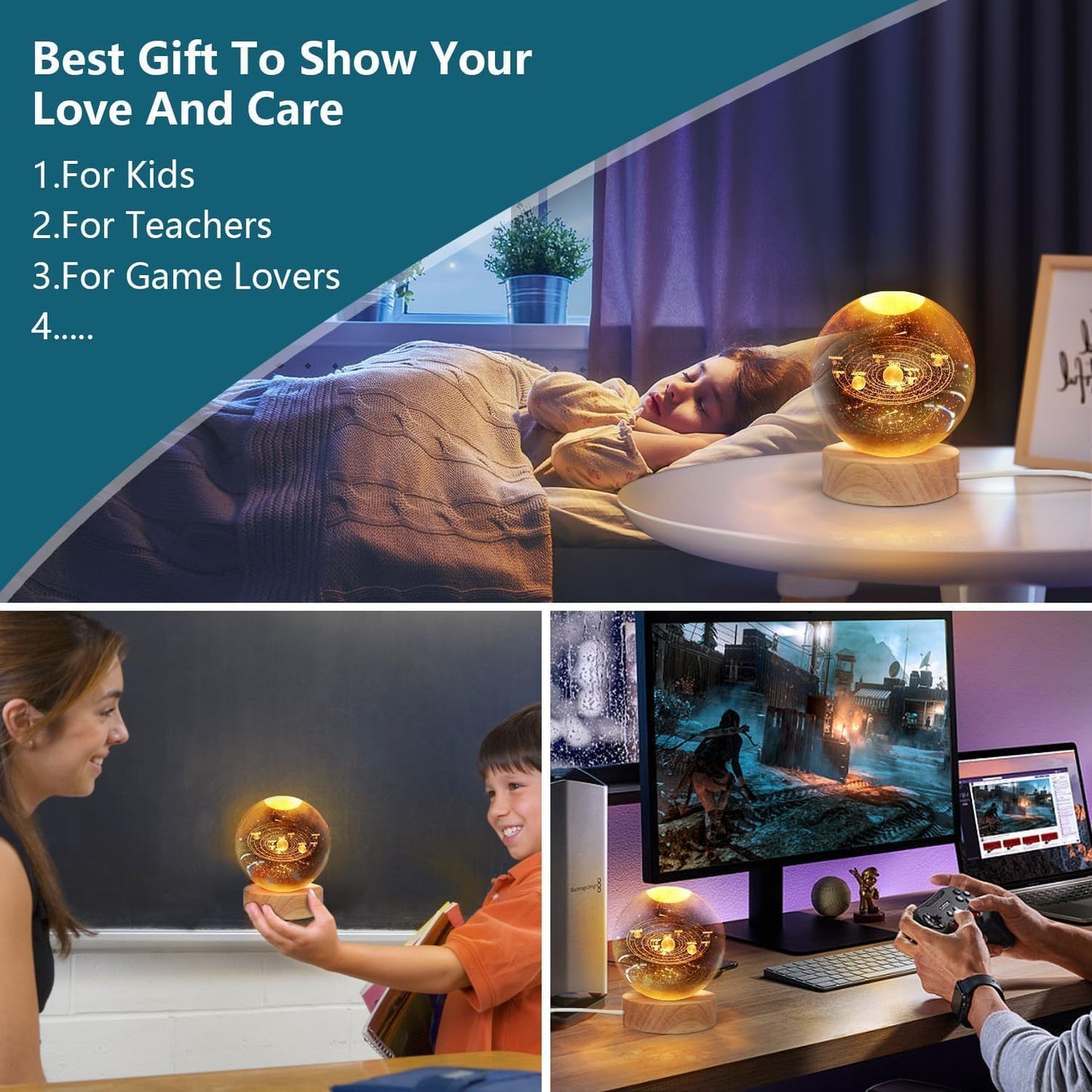 CPENSUS 3D Galaxy Crystal Ball Night Lamp,Solar System, USB Table Colorful LED (Dolphin with Moon)