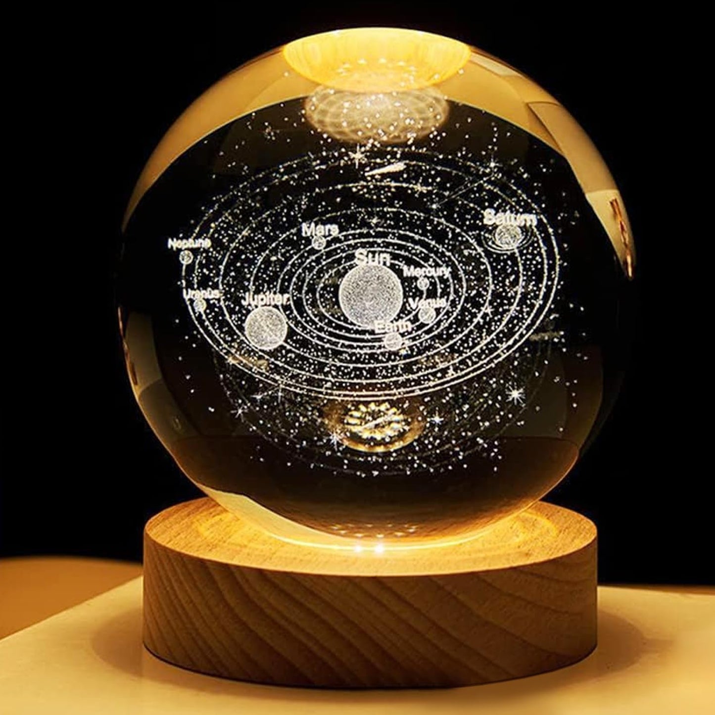 3D Galaxy Crystal Ball Night Light | Dimmable Engraved LED Glass Ball (Solar System)