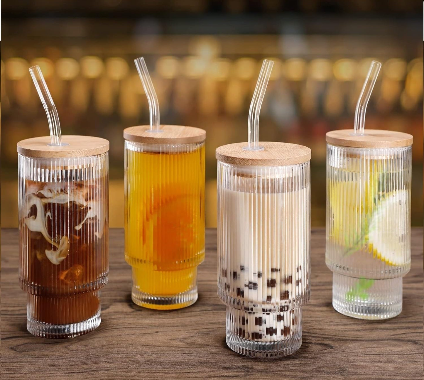 Drinking Glasses Tumbler Set of 1 Wooden Lids and Straws