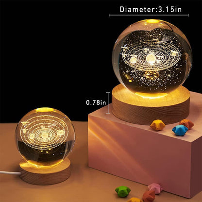 3D Galaxy Crystal Ball Night Light | Dimmable Engraved LED Glass Ball (Solar System)