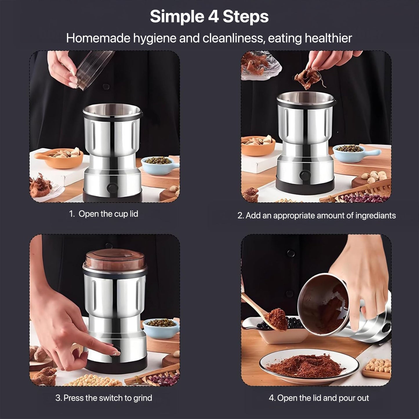 Compact Stainless Steel Electric Grinder for Coffee & Spices