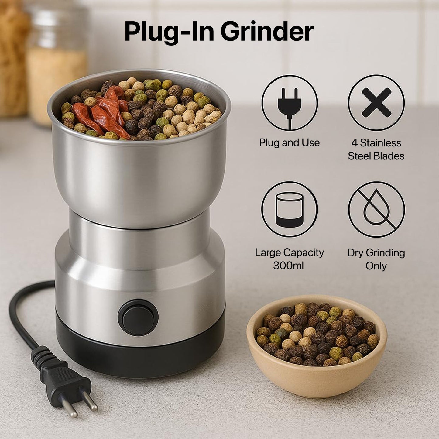 Compact Stainless Steel Electric Grinder for Coffee & Spices